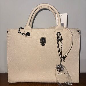 Skull Accent Cream Tote Bag - Designer Style